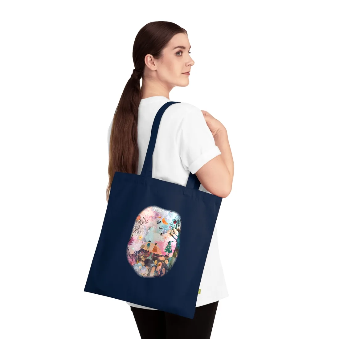 Colorful Whimsy: Blue Fish, Yellow Bird, Pink Cat Art Collage - Tote Bag (French Navy)
