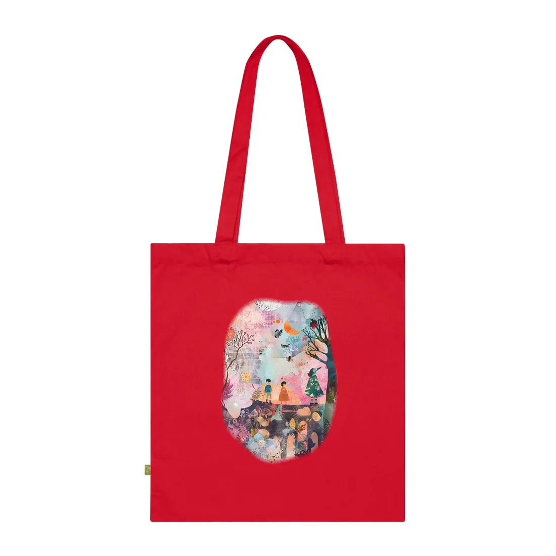 Colorful Whimsy: Blue Fish, Yellow Bird, Pink Cat Art Collage - Tote Bag (Classic Red)