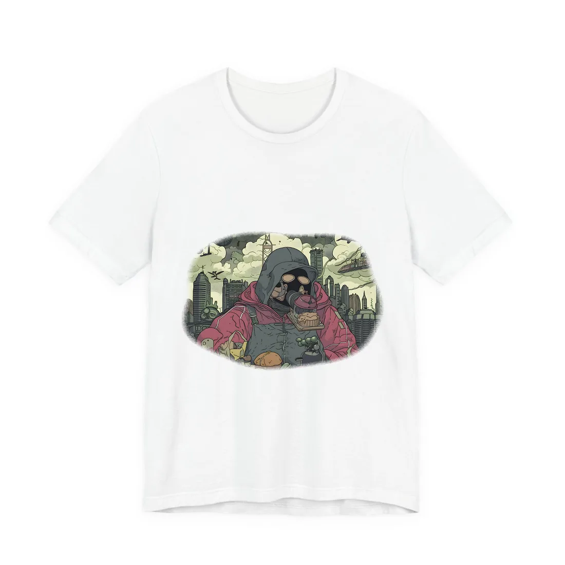 Gas-masked hooded figure holds a muffin above food, with a futuristic city behind – T-Shirt, white