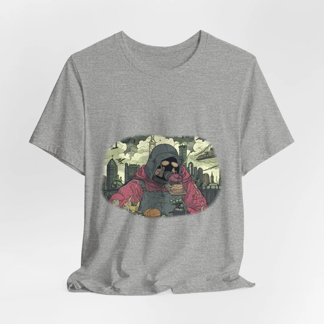 Gas-masked hooded figure holds a muffin above food, with a futuristic city behind – T-Shirt, athletic heather