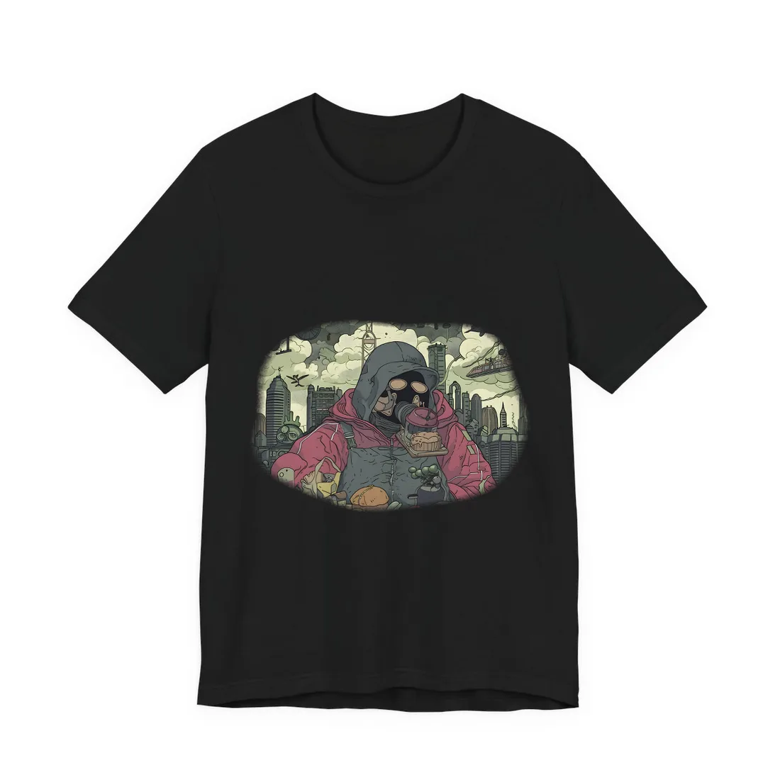 Gas-masked hooded figure holds a muffin above food, with a futuristic city behind – T-Shirt, black