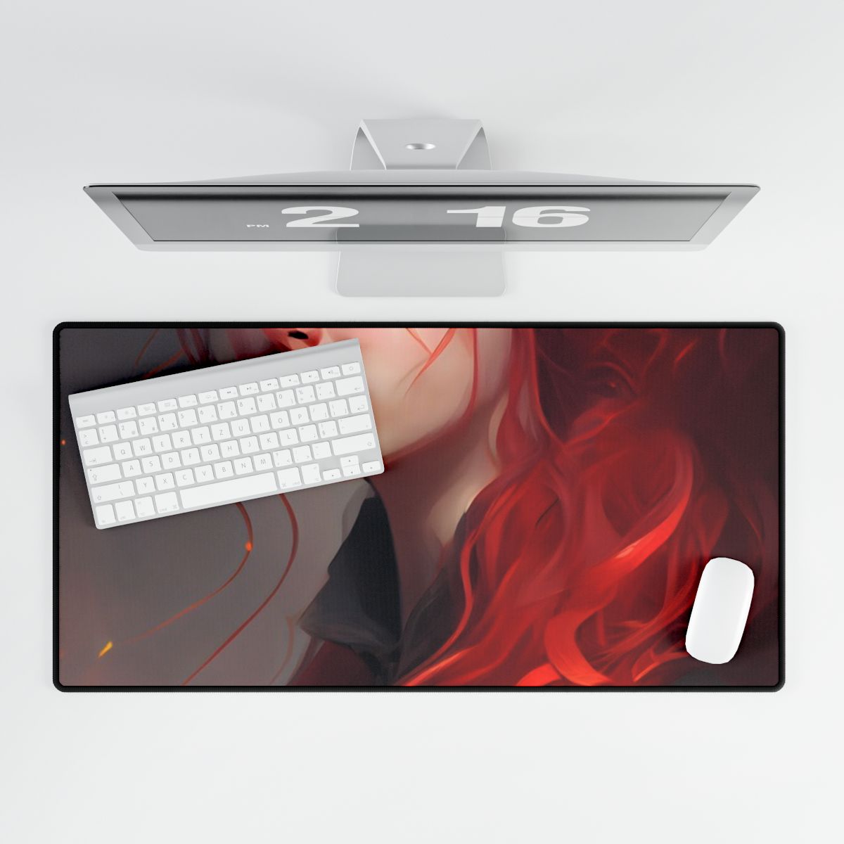 Composed Redhead: Elegant Portrait in Vibrant Red - Desk Mat