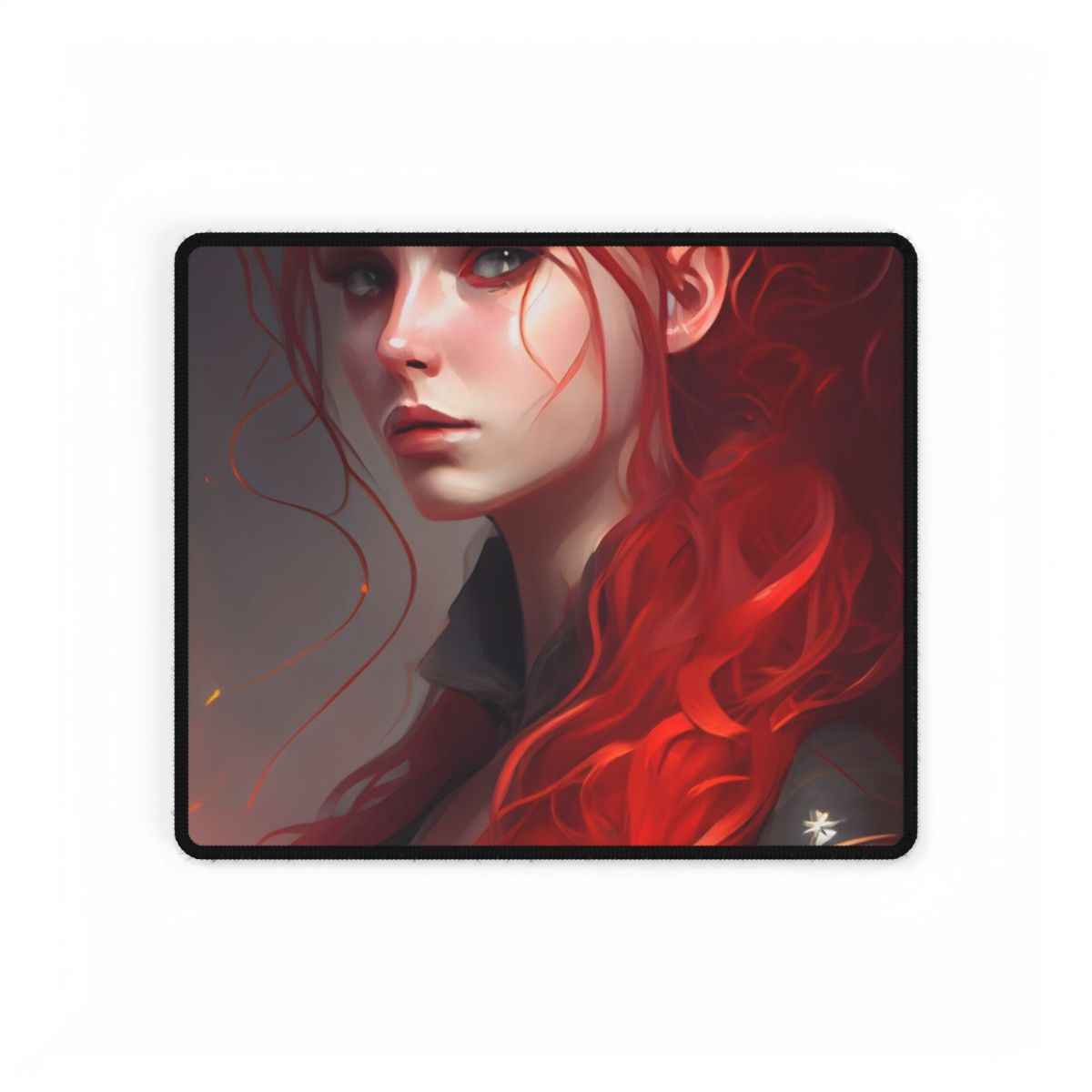 Composed Redhead: Elegant Portrait in Vibrant Red - Desk Mat