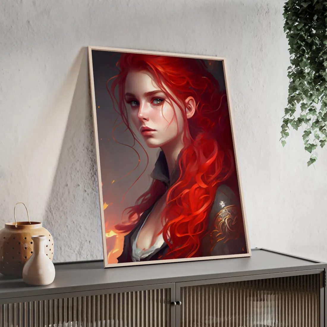 Composed Redhead: Elegant Portrait in Vibrant Red - Framed Poster