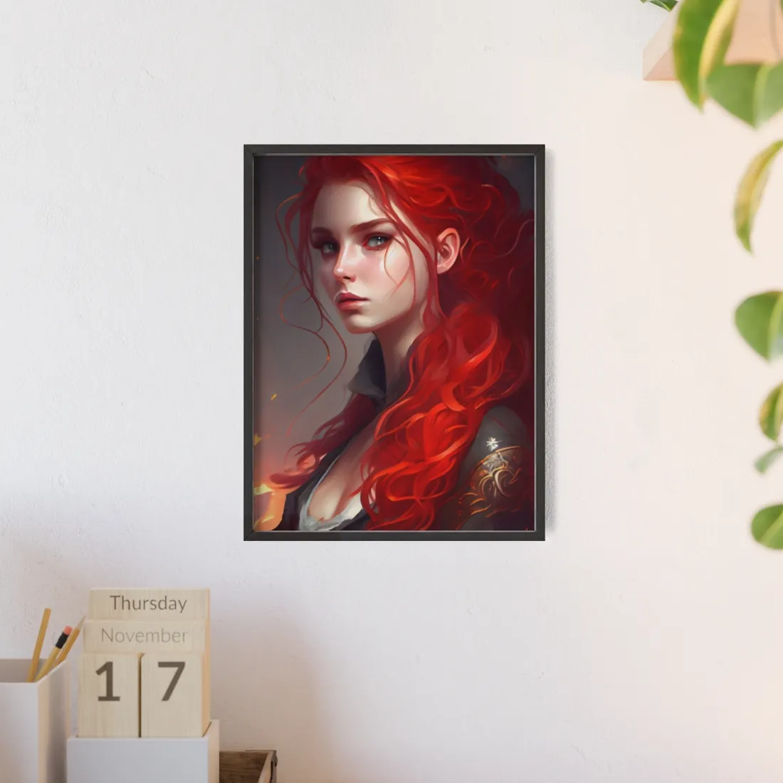 Composed Redhead: Elegant Portrait in Vibrant Red - Framed Poster
