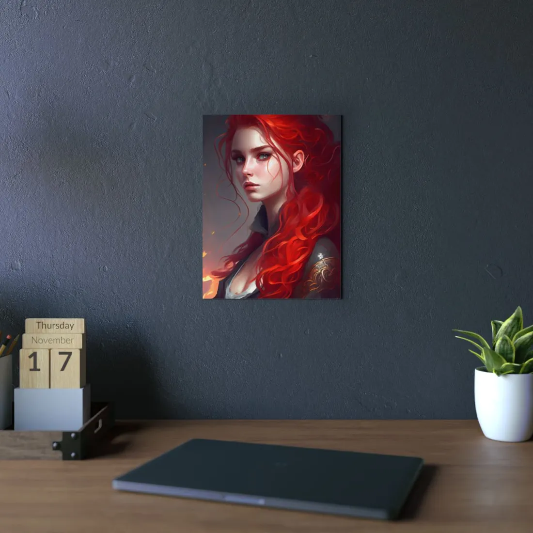 Composed Redhead: Elegant Portrait in Vibrant Red - Metal Poster