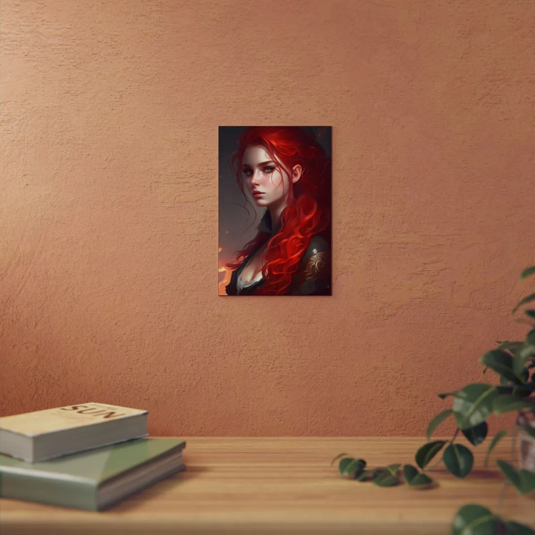 Composed Redhead: Elegant Portrait in Vibrant Red - Metal Poster
