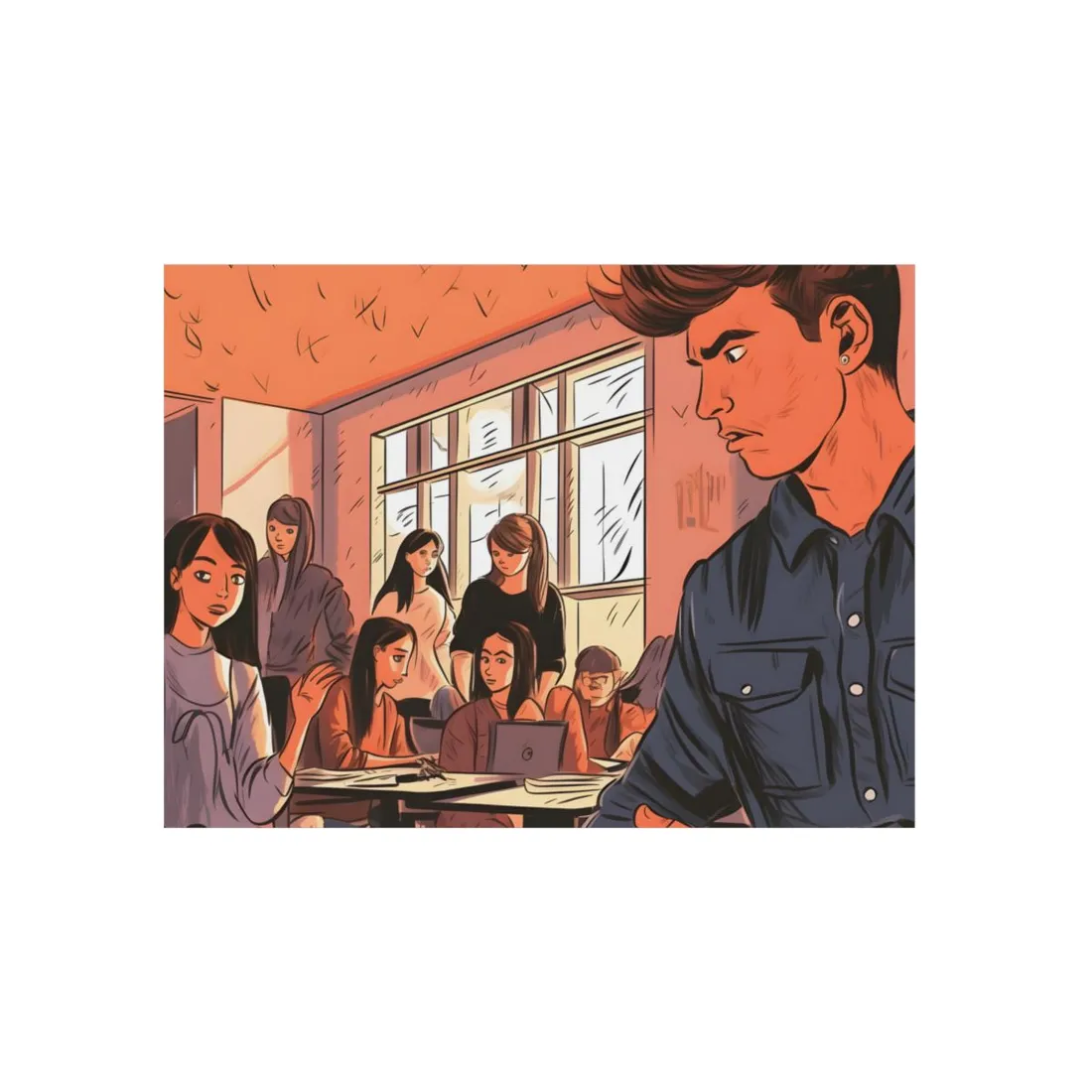 Contemplative Man and Student Group: Flat - Metal Poster