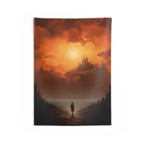 Lone Figure Under Orange Sunset Wall Tapestry