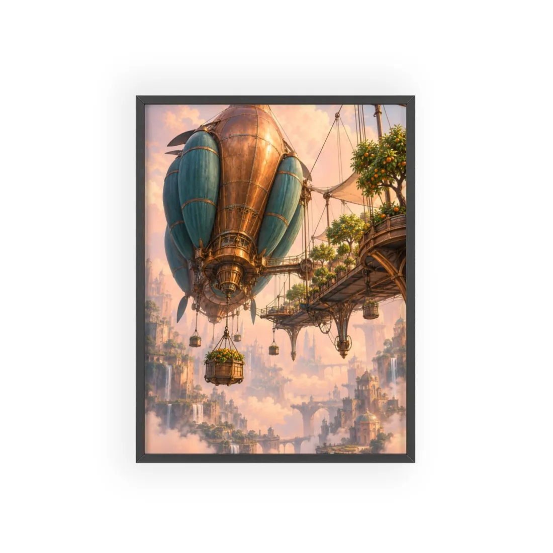 Copper airship with teal envelopes and orange trees floats above a cloud-wrapped fantasy city – Framed Poster, view 1