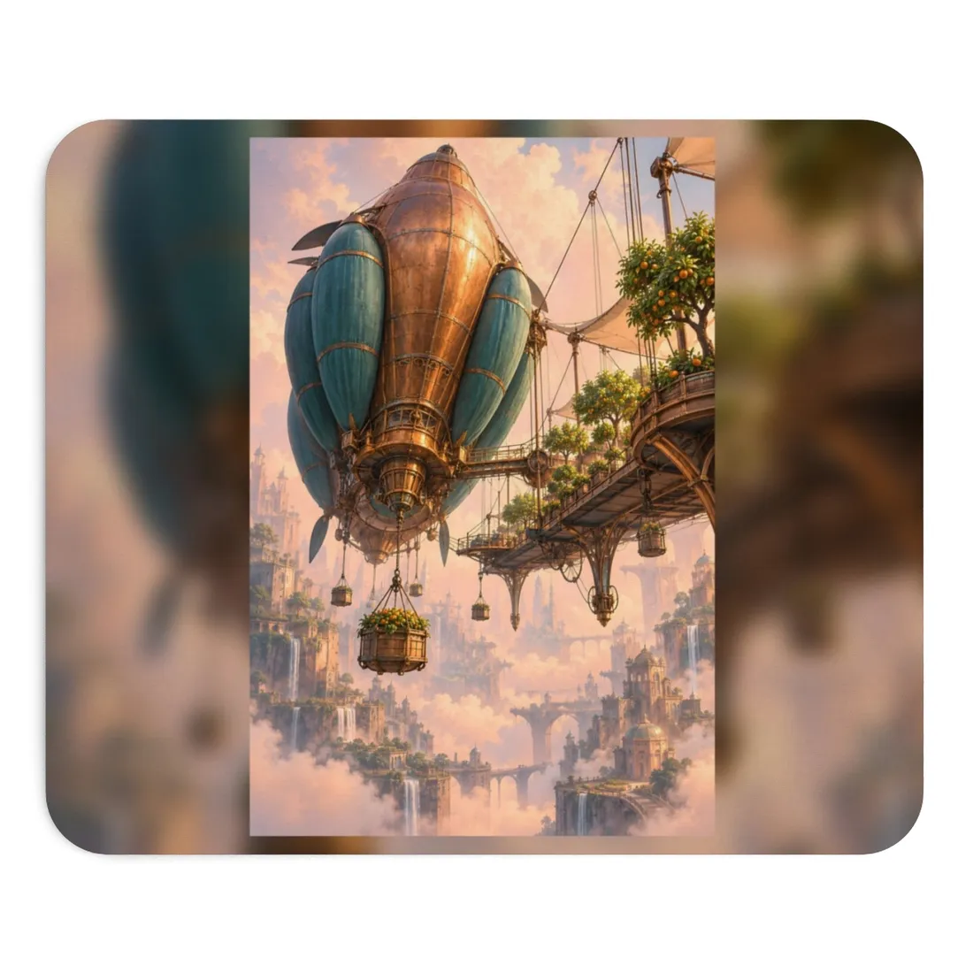 Copper airship with teal envelopes and orange trees floats above a cloud-wrapped fantasy city – Mouse Pad, view 1