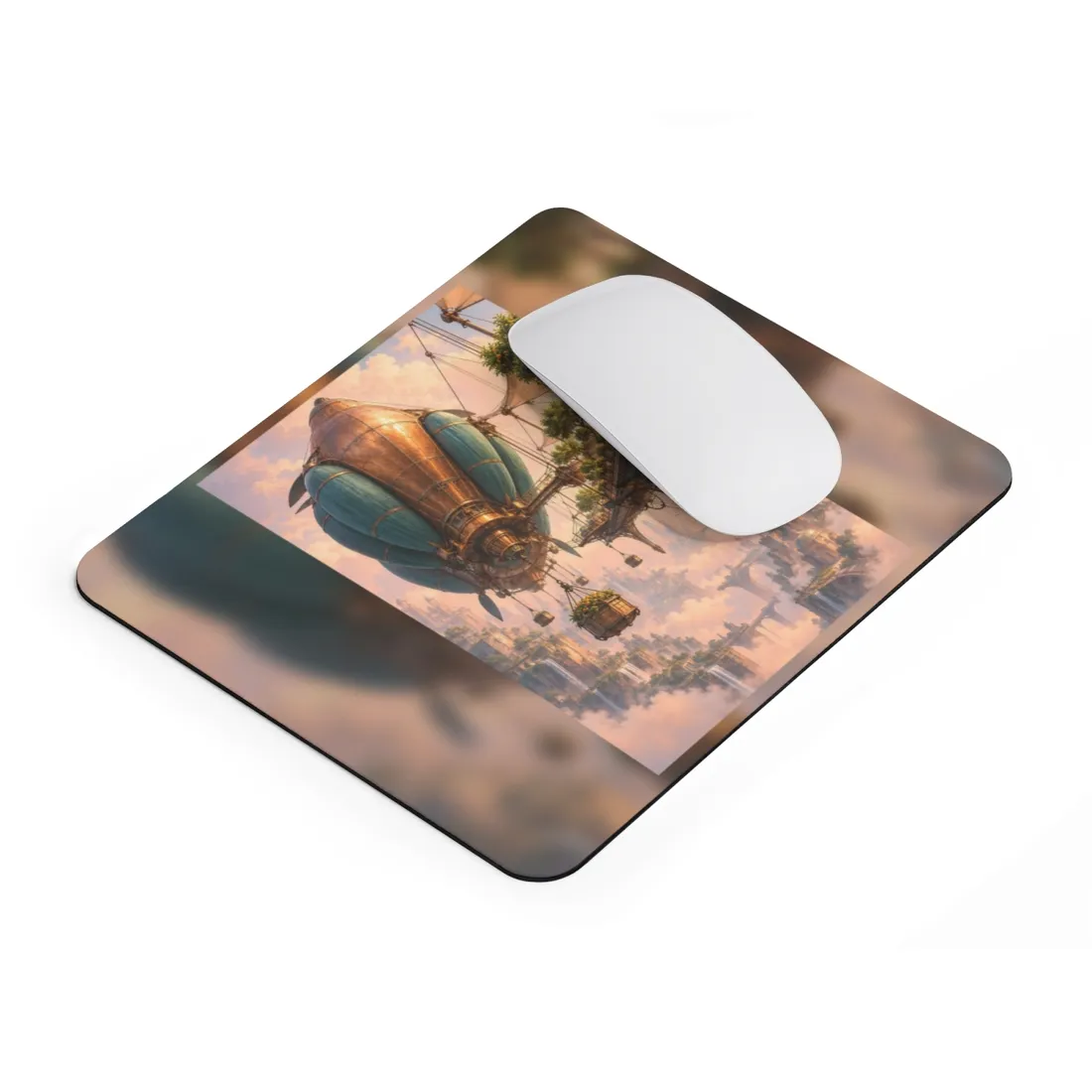 Copper airship with teal envelopes and orange trees floats above a cloud-wrapped fantasy city – Mouse Pad, view 2