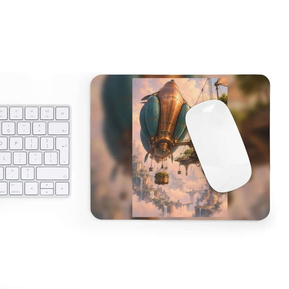 Copper airship with teal envelopes and orange trees floats above a cloud-wrapped fantasy city – Mouse Pad, view 3