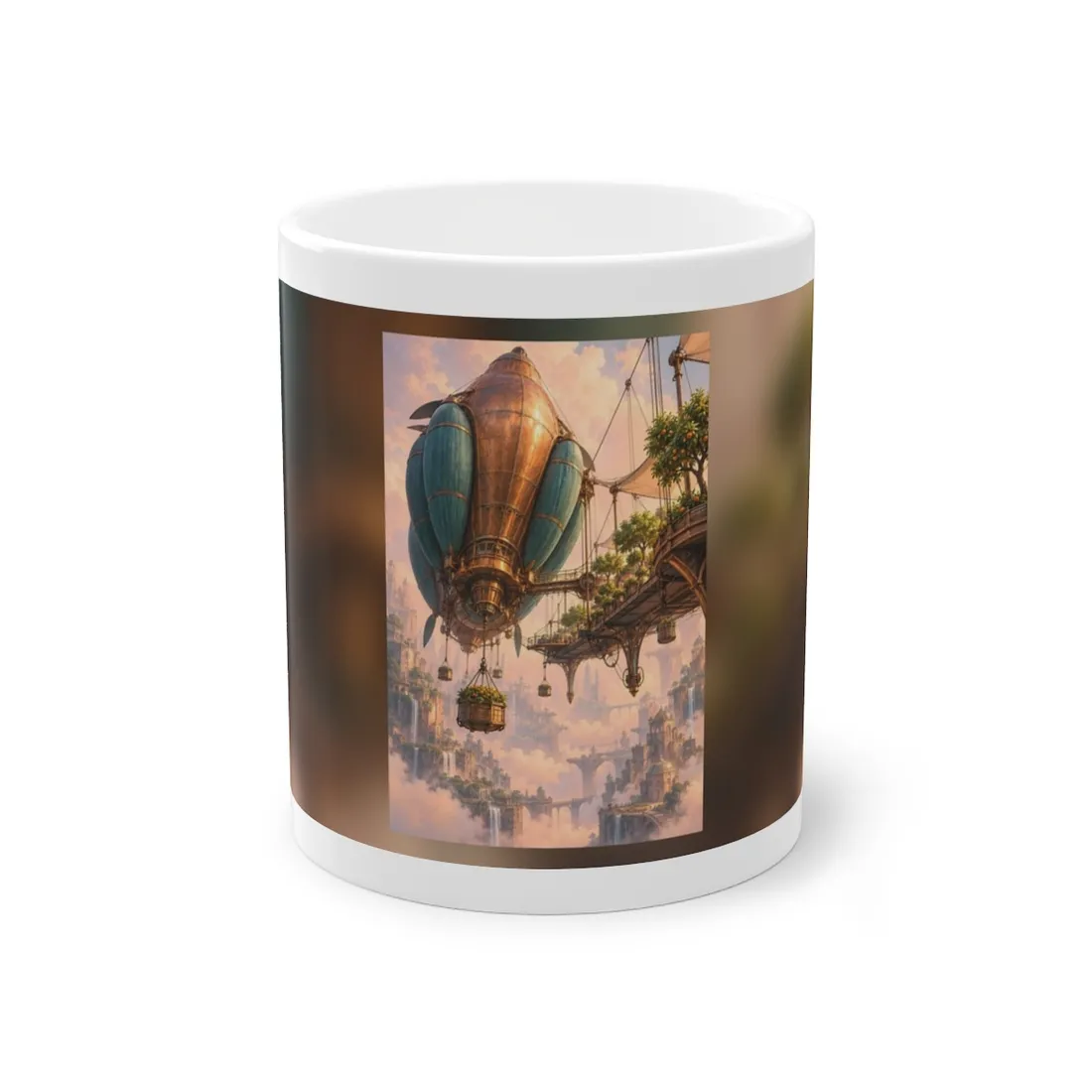 Copper airship with teal envelopes and orange trees floats above a cloud-wrapped fantasy city – Mug, view 1