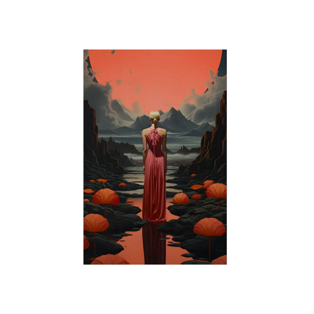 Coral Elegance: Woman in Pink Gown Among Volcanic Rocks - Metal Poster