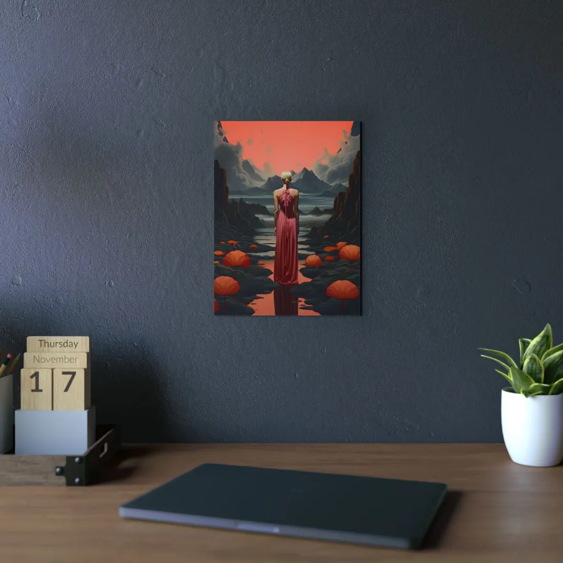 Coral Elegance: Woman in Pink Gown Among Volcanic Rocks - Metal Poster