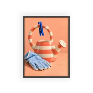 Striped Watering Can and Gloves Framed Poster