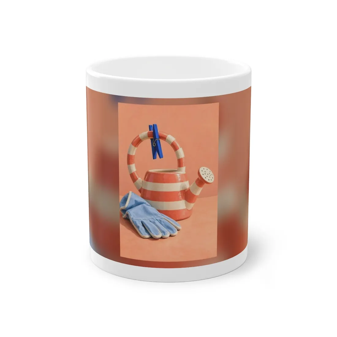 Striped watering can with blue clothespin, beside pale blue gardening gloves – Mug, view 1