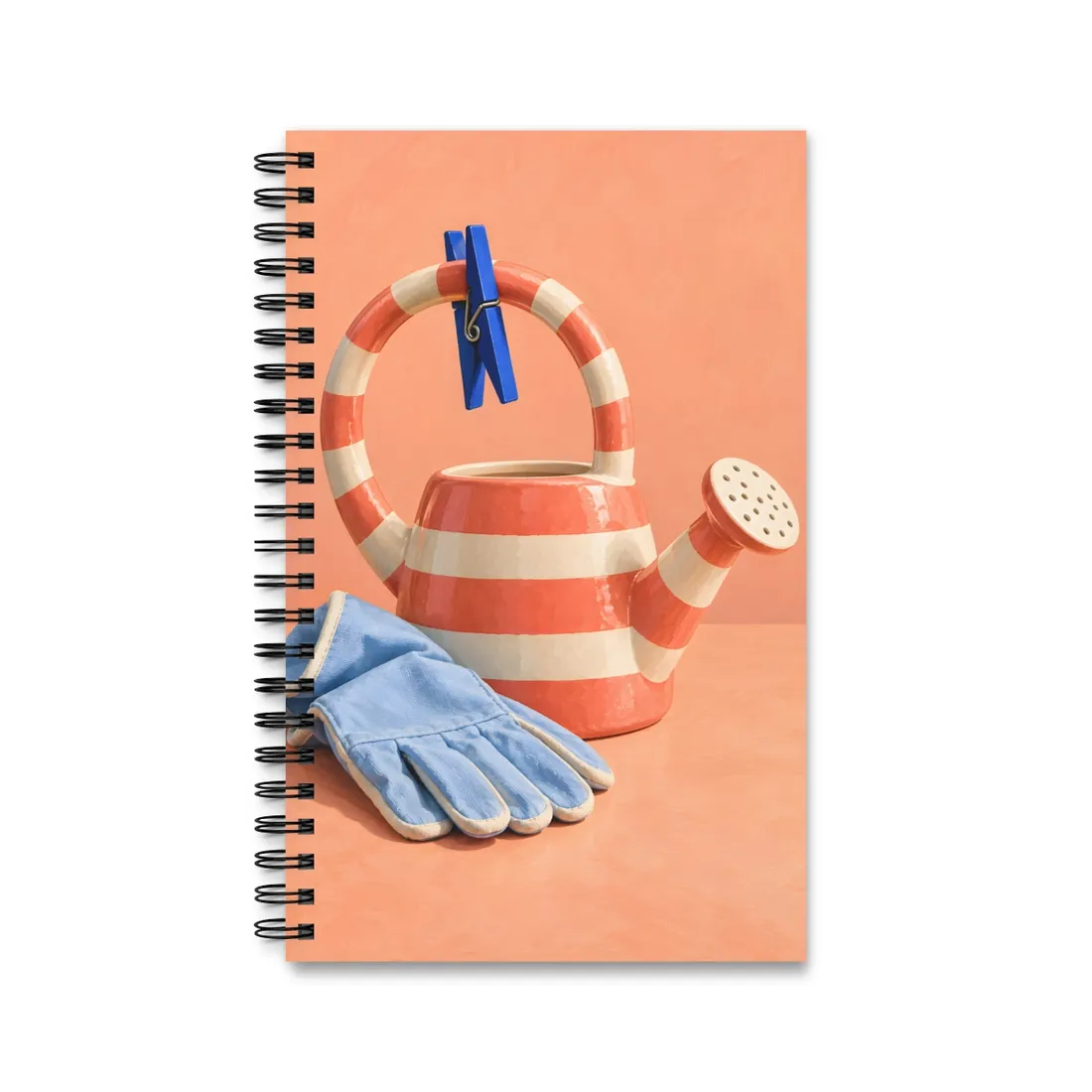 Striped watering can with blue clothespin, beside pale blue gardening gloves – Spiral Notebook, view 1