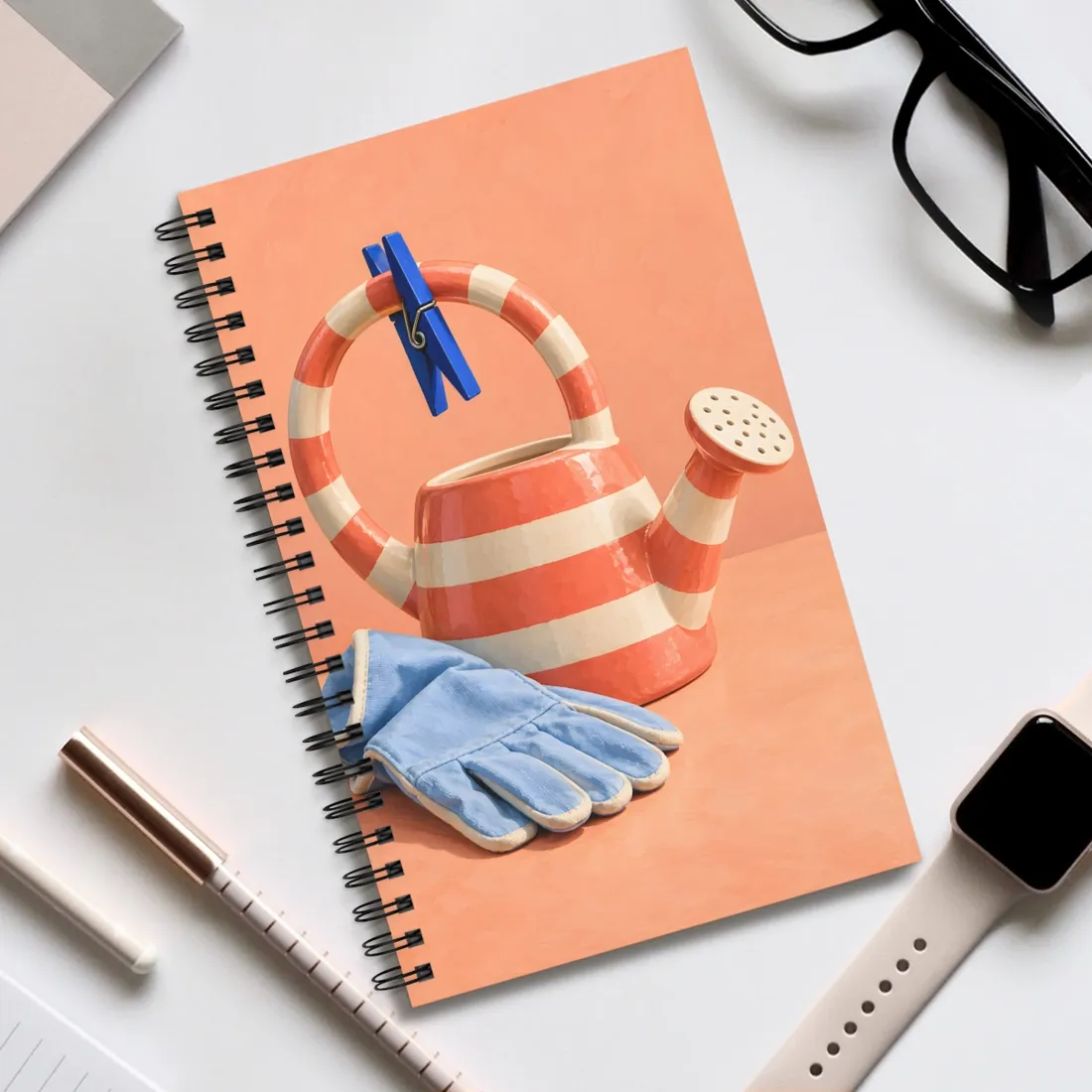 Striped watering can with blue clothespin, beside pale blue gardening gloves – Spiral Notebook, view 2