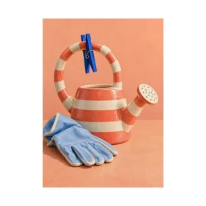 Striped Watering Can and Gloves Poster