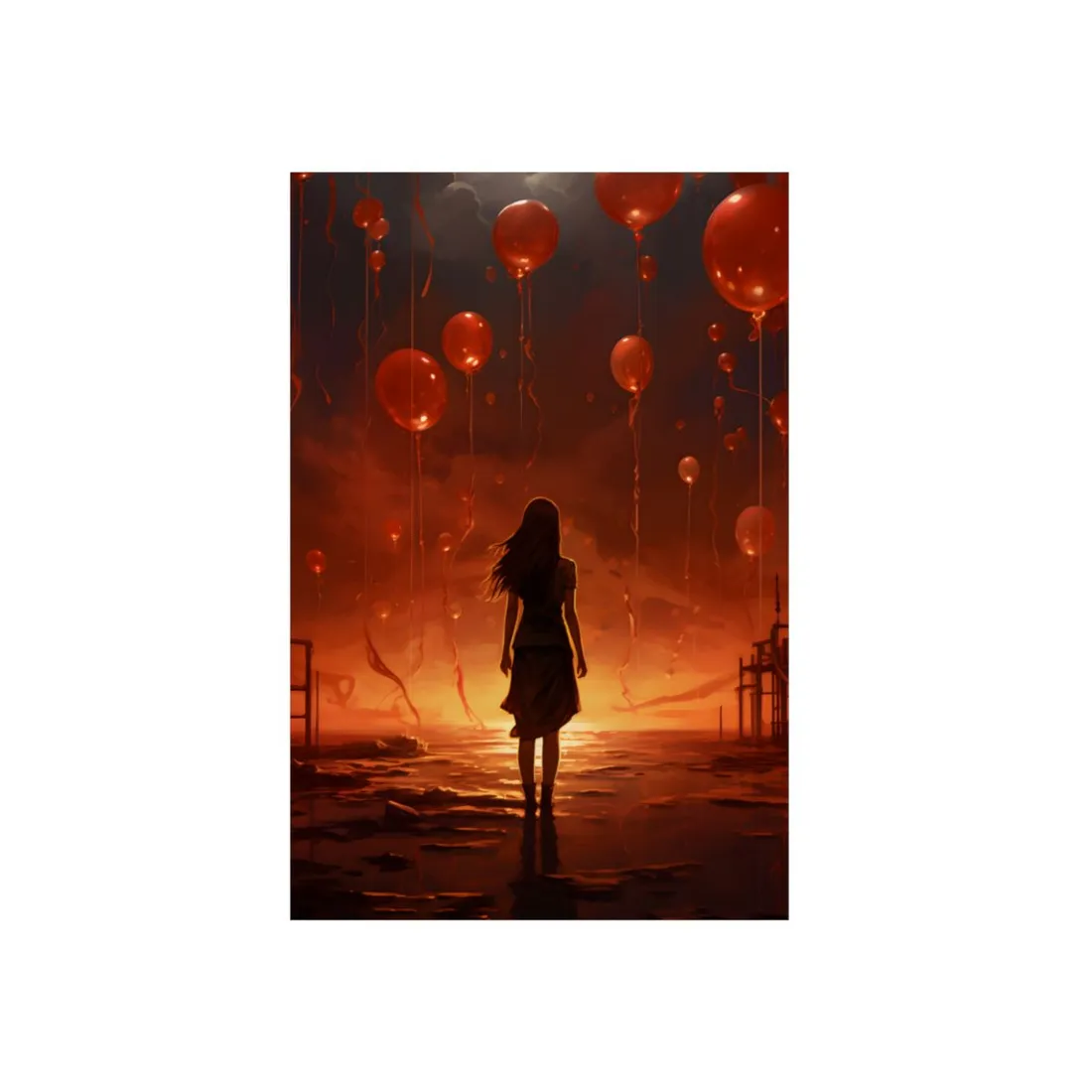Corridor of Red Balloons: Woman Walking Through - Metal Poster