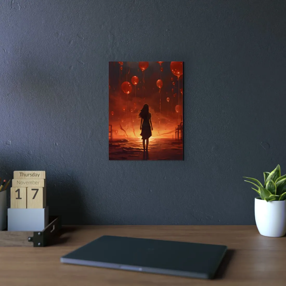 Corridor of Red Balloons: Woman Walking Through - Metal Poster