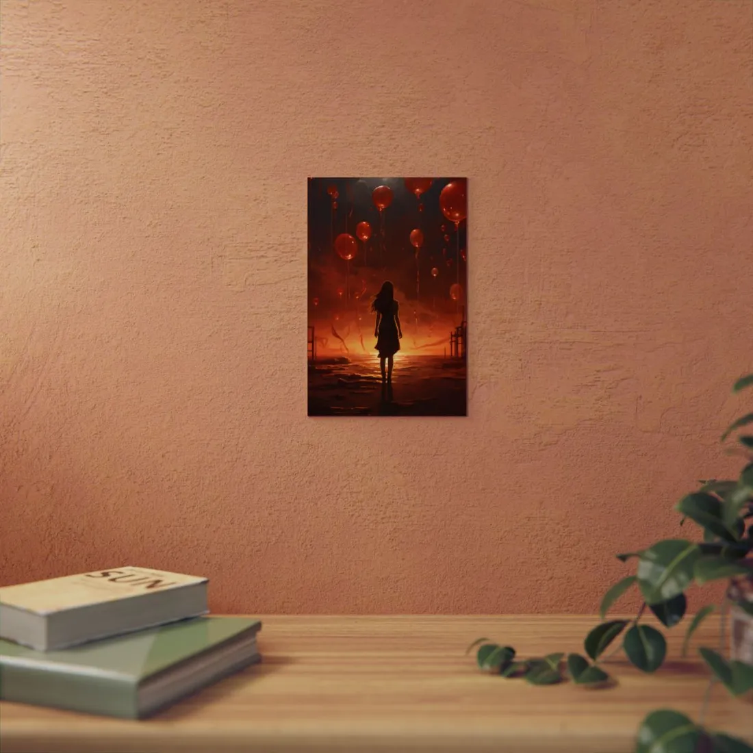 Corridor of Red Balloons: Woman Walking Through - Metal Poster