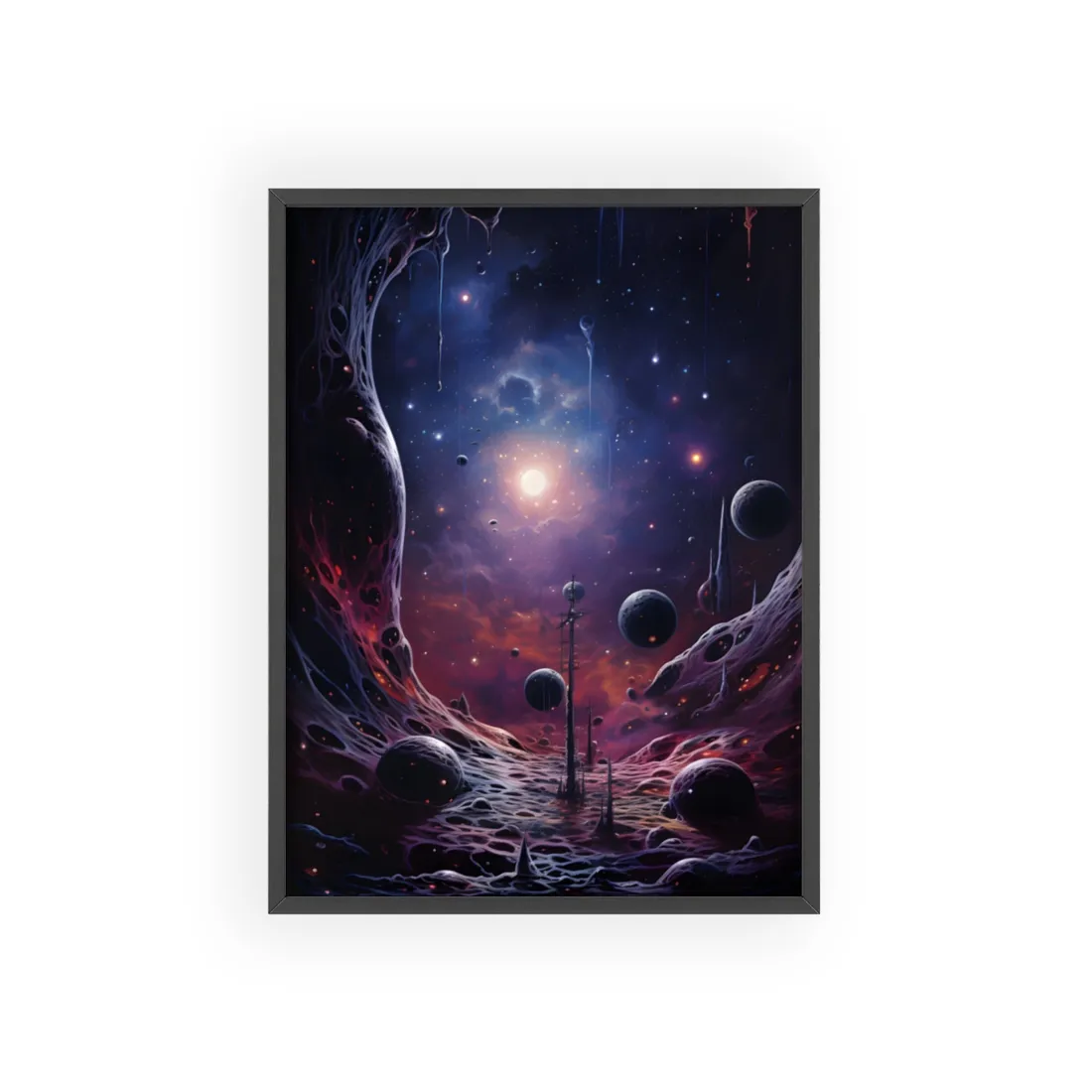 Cosmic Black Hole: Space Artwork with Planet Orbits - Framed Poster