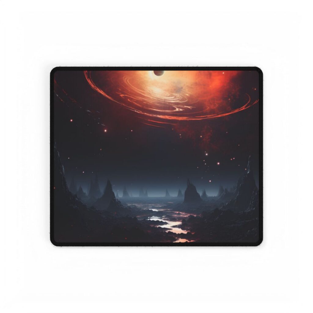 Cosmic Odyssey: Black Hole and Gas Giant Planet Artwork - Desk Mat