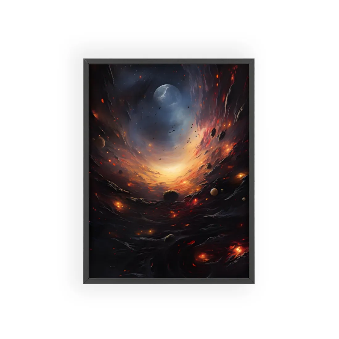 Cosmic Orbit: Six Planets Swirl Around a Black Hole - Framed Poster