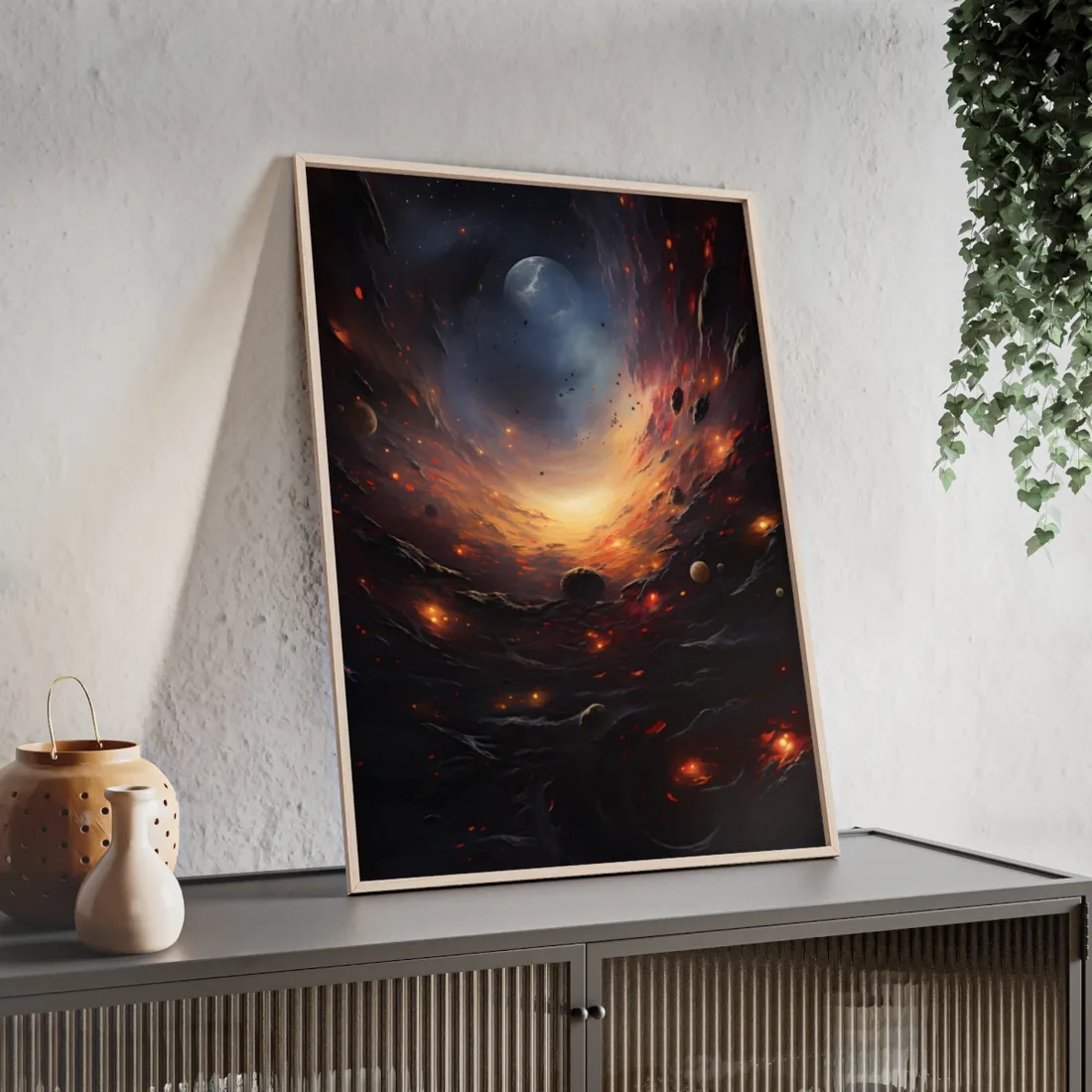 Cosmic Orbit: Six Planets Swirl Around a Black Hole - Framed Poster