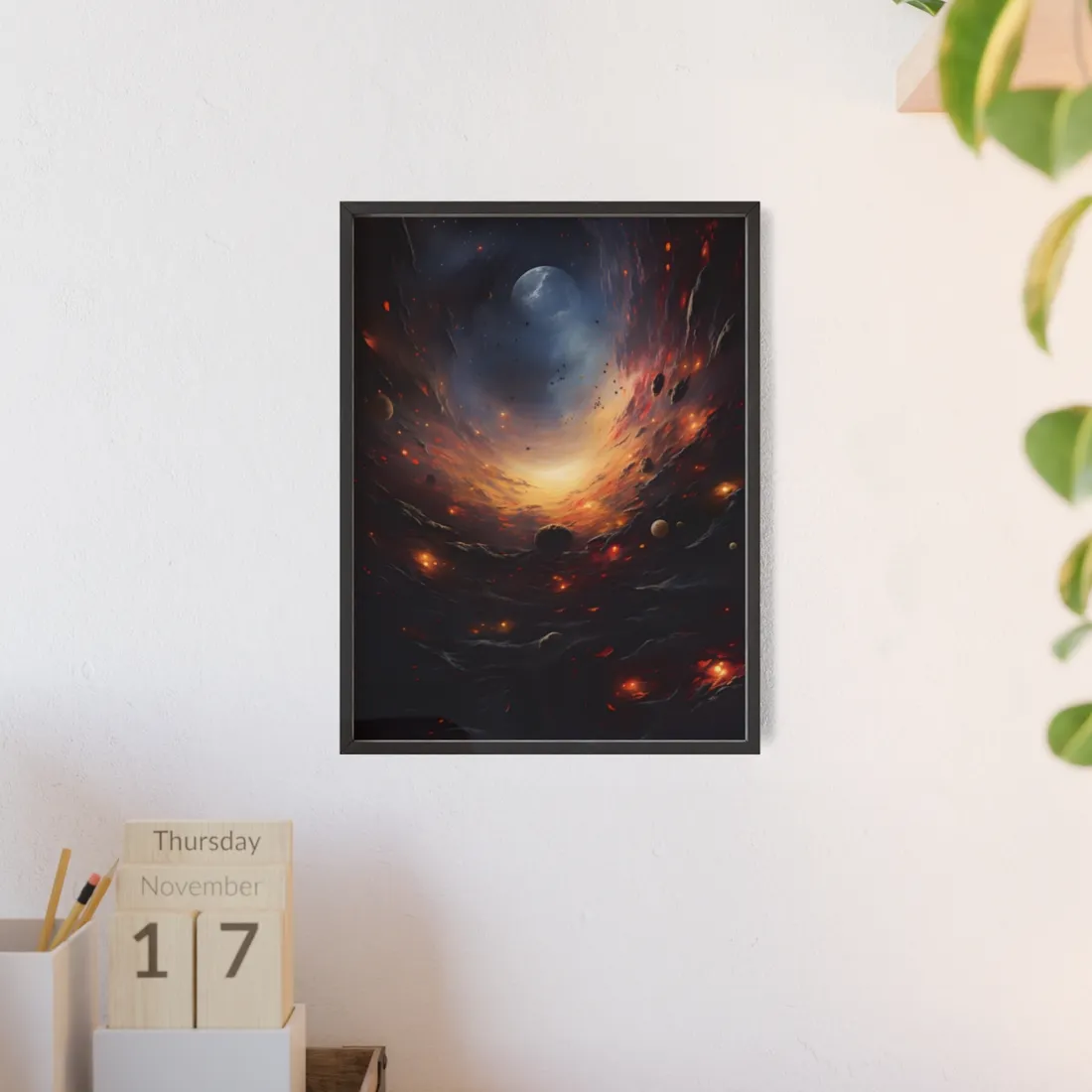 Cosmic Orbit: Six Planets Swirl Around a Black Hole - Framed Poster