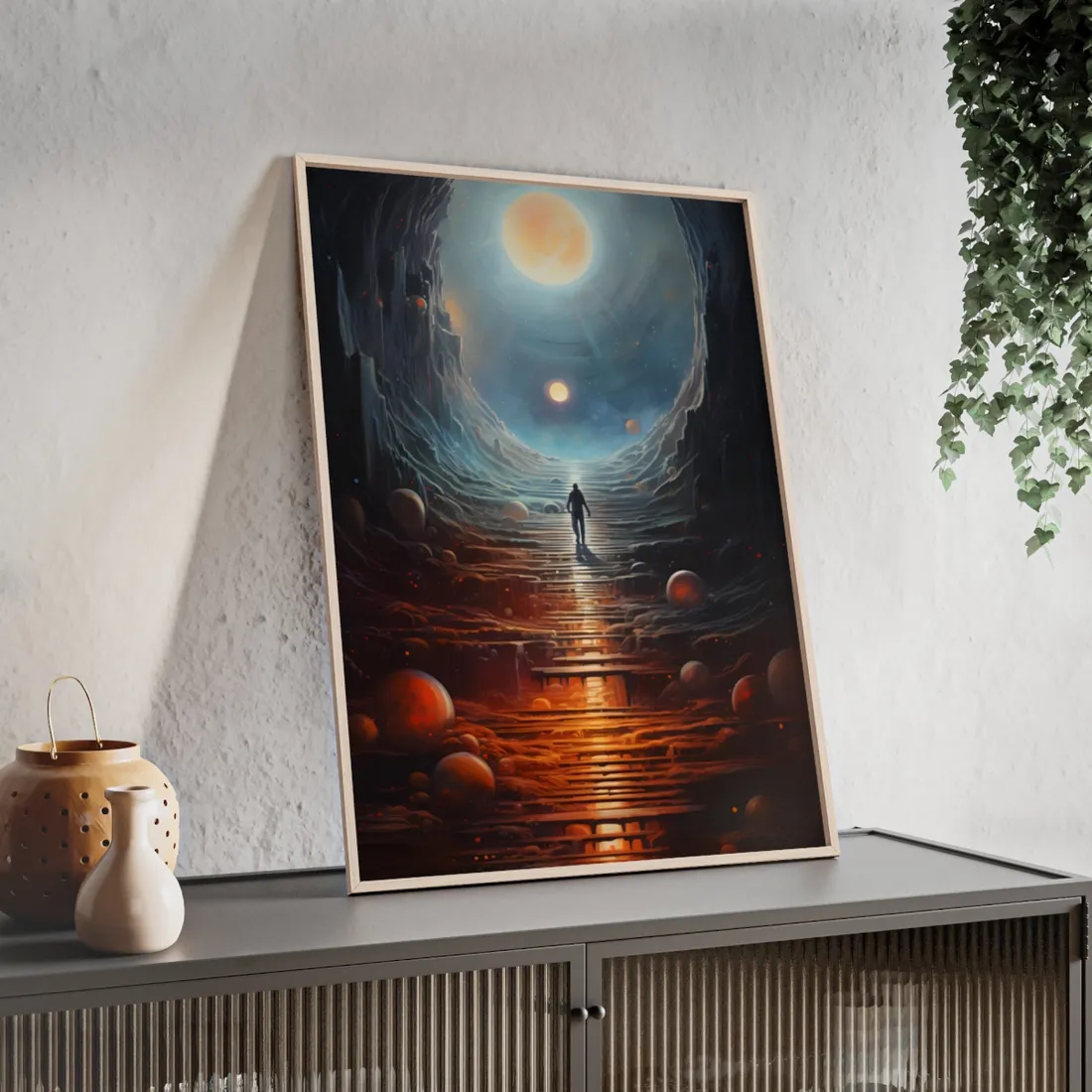 Glowing Cave Passage: Figure Approaching Orange Orb – Framed Poster