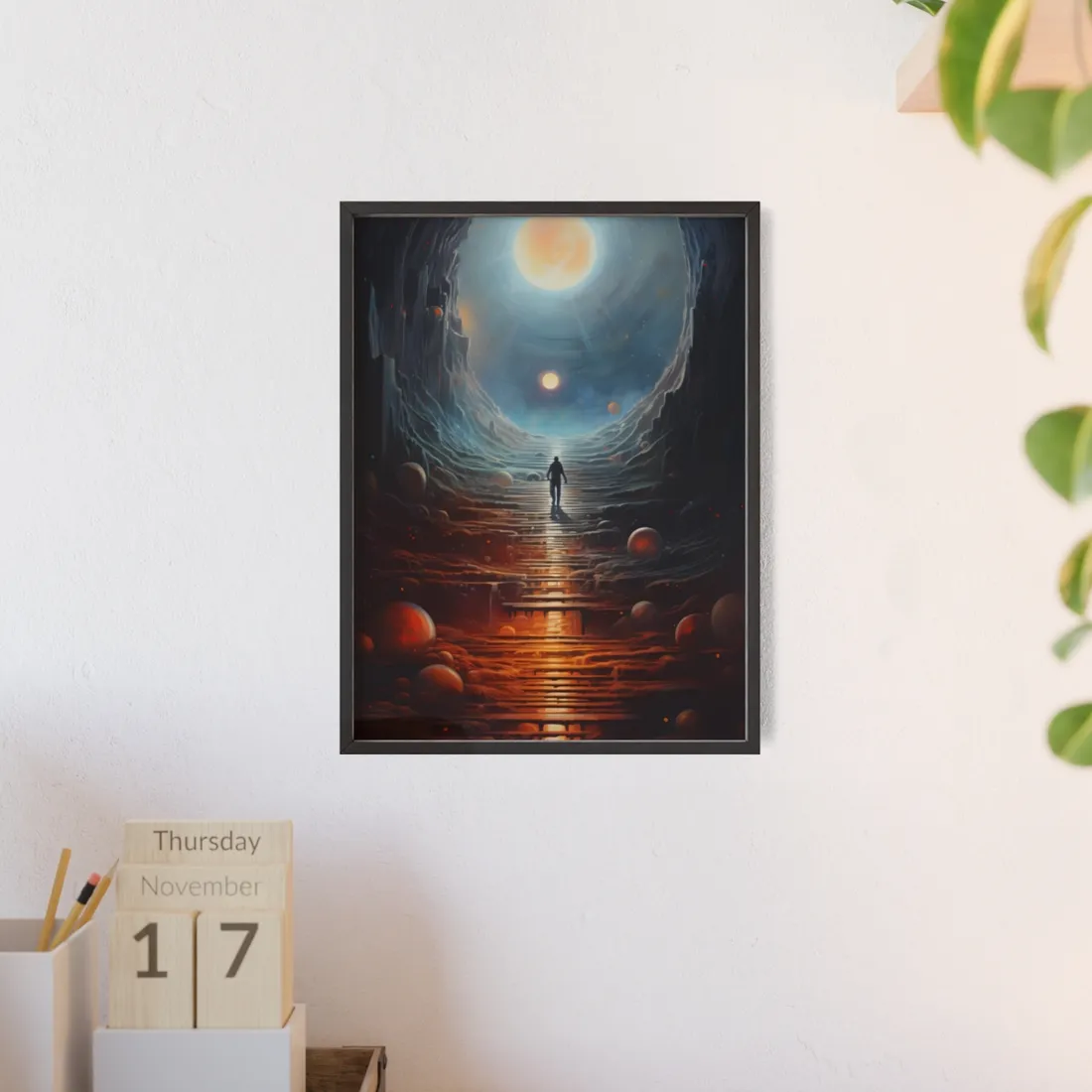 Glowing Cave Passage: Figure Approaching Orange Orb – Framed Poster