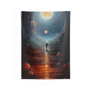 Figure Walking up Glowing Stairs Wall Tapestry