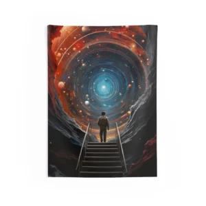 Man on Stairs to Galaxy Wall Tapestry