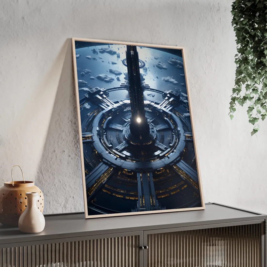 Cosmic Space Station: A Glimpse of Home in the Stars - Framed Poster
