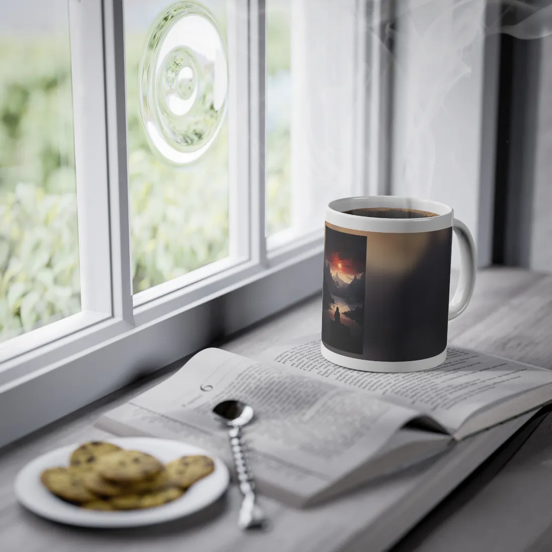 Cozy Cup: Orange Beverage on Green Tablecloth Art - Mug