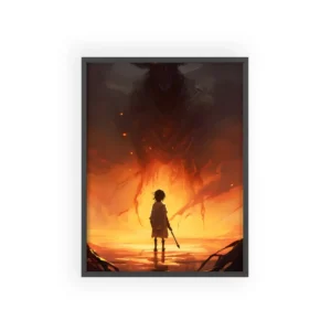 Figure Facing Horned Creature Framed Poster