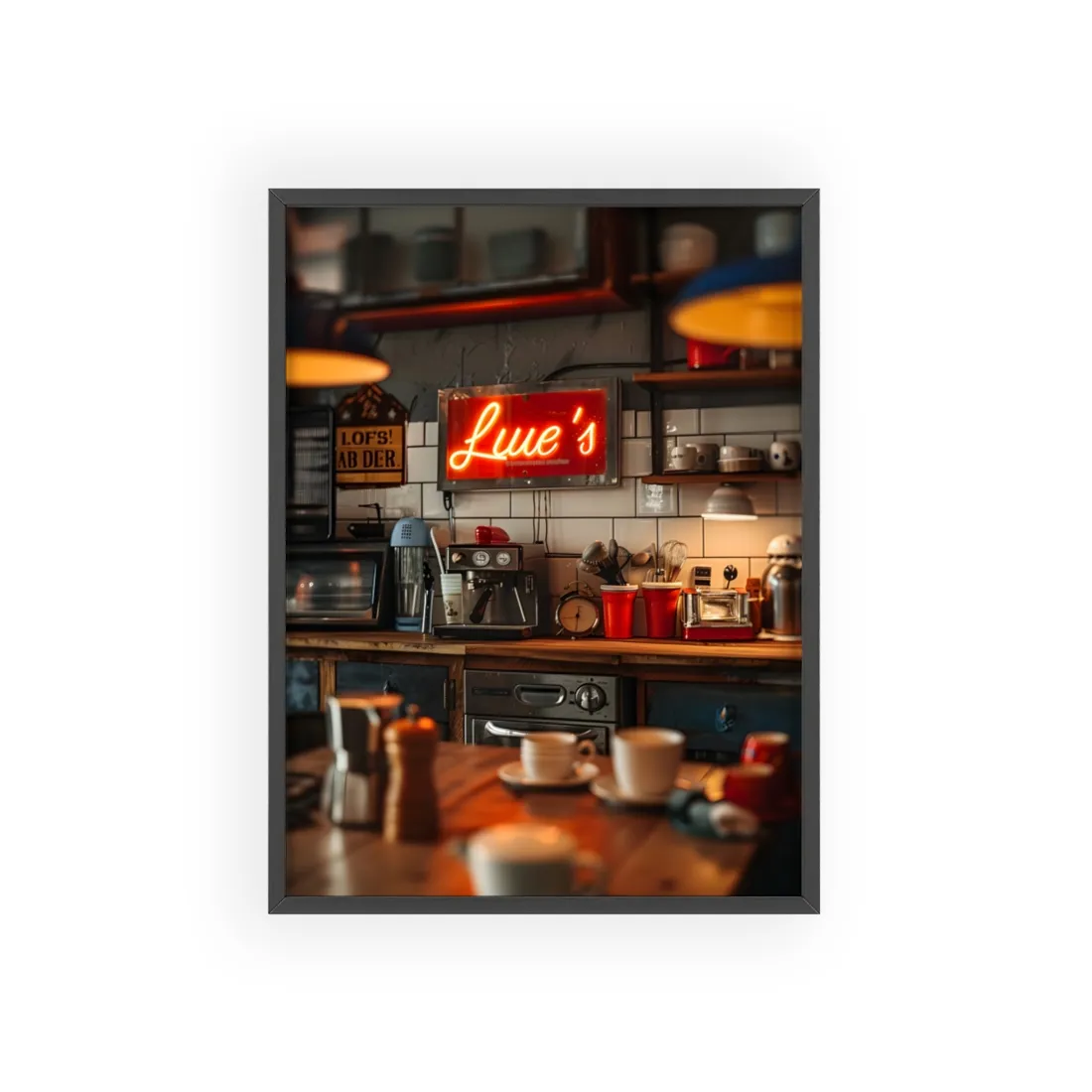 Cozy Retro Kitchen Artwork: Lukes Diner Sign Digital Art - Framed Poster