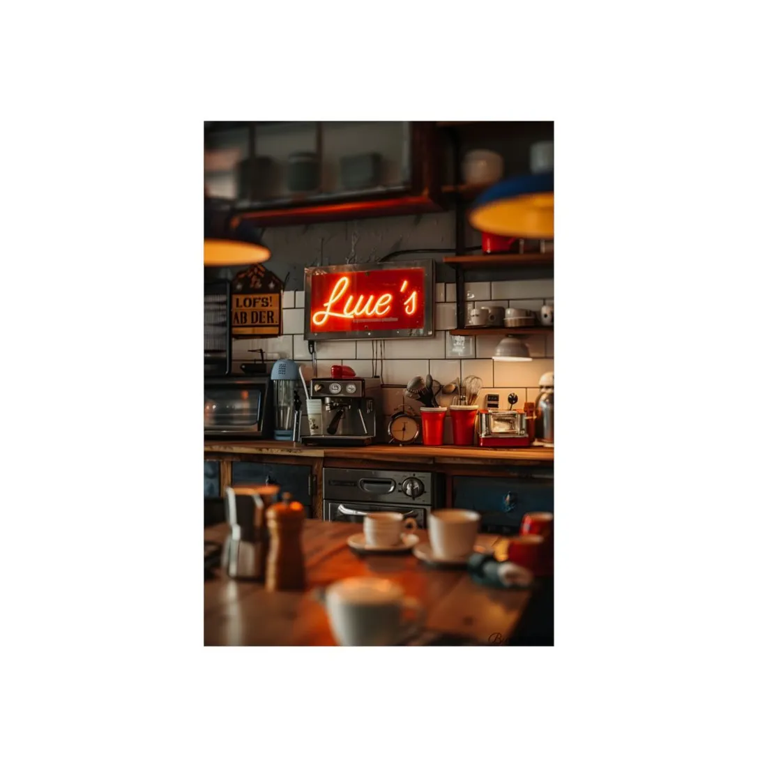 Cozy Retro Kitchen Artwork: Lukes Diner Sign Digital Art - Metal Poster