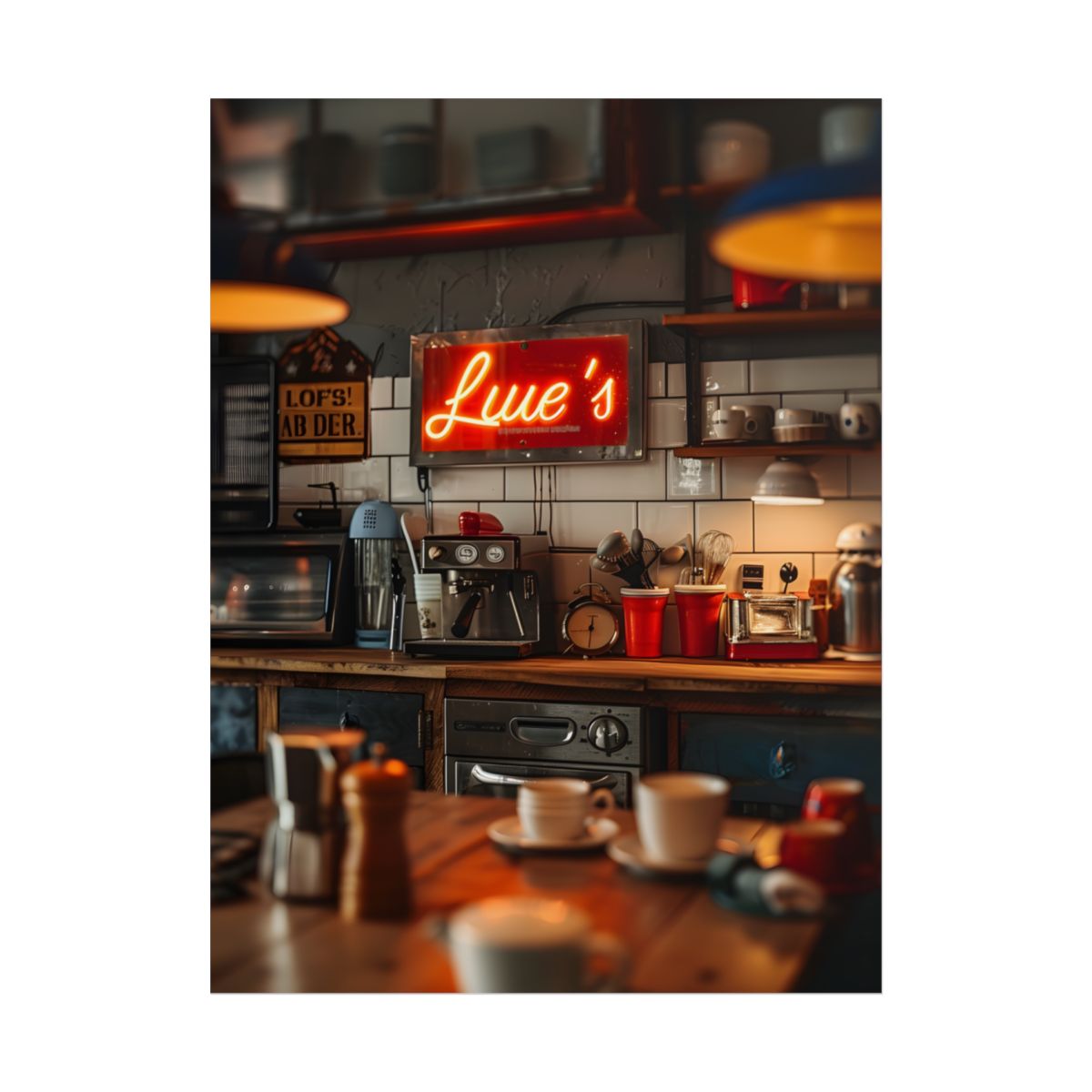 Cozy Retro Kitchen Artwork: Lukes Diner Sign Digital Art - Poster
