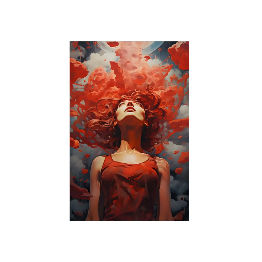 Crimson Bloom: Woman Engulfed in Red Petals - Metal Poster