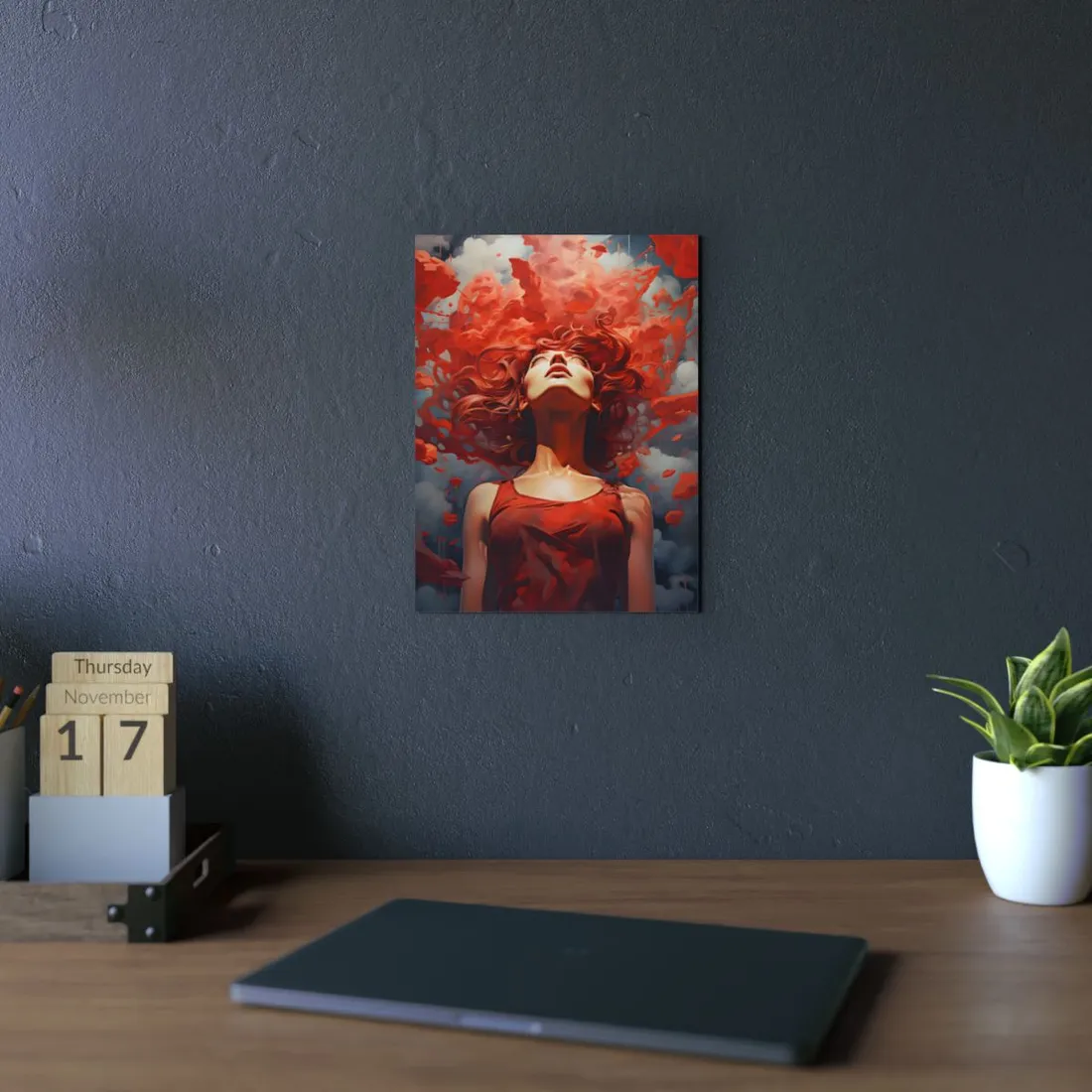 Crimson Bloom: Woman Engulfed in Red Petals - Metal Poster