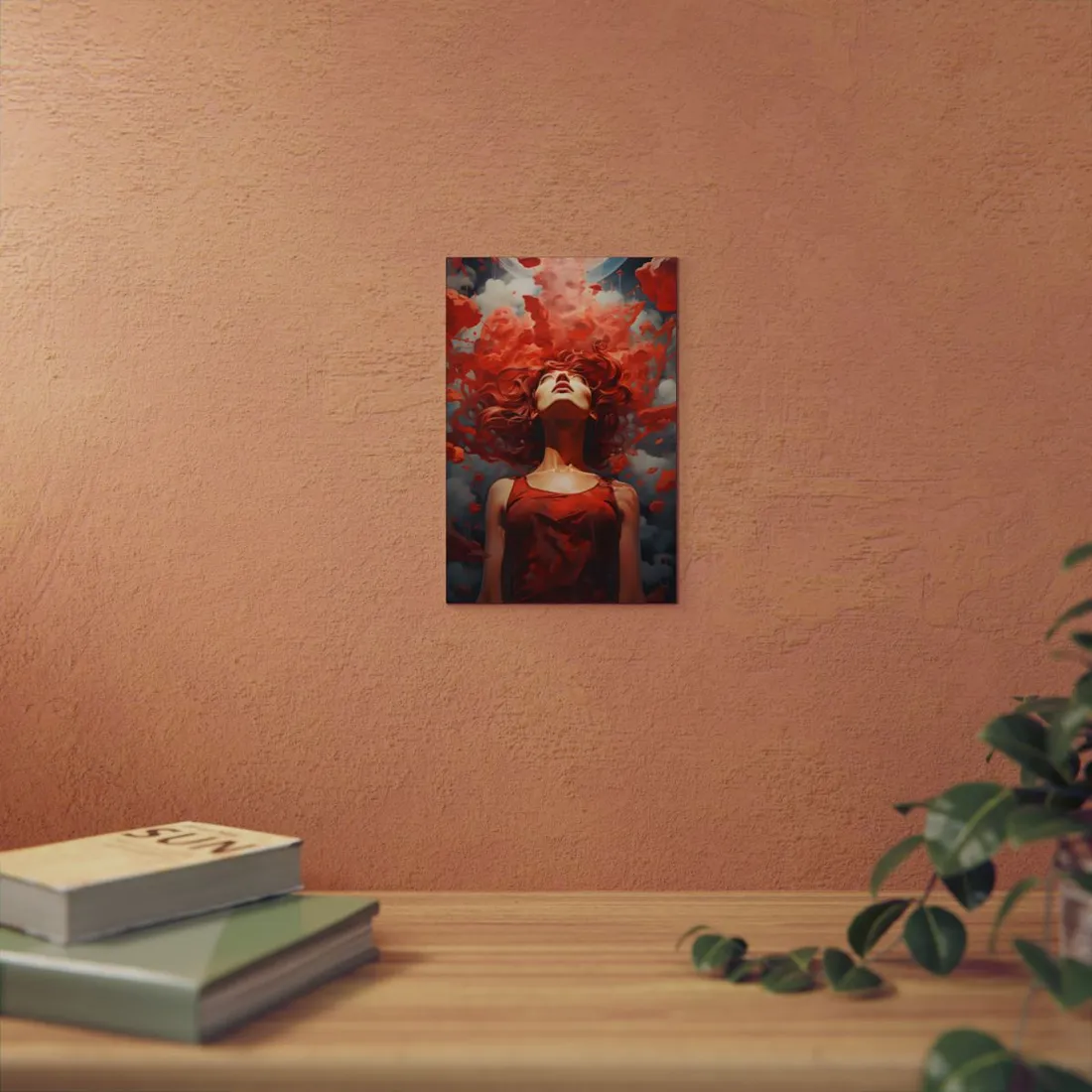 Crimson Bloom: Woman Engulfed in Red Petals - Metal Poster