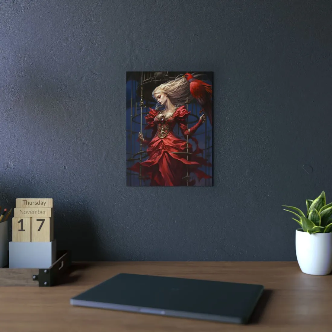 Crimson Fantasy Queen: Regal Portrait Art - Metal Poster