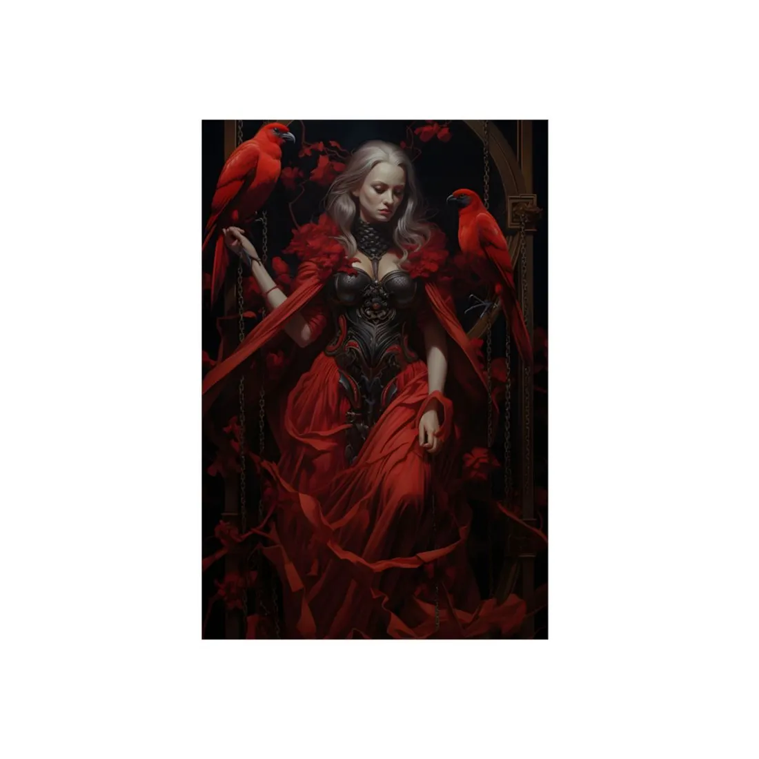 Crimson Sorceress: Woman with Scarlet Bird Companion - Metal Poster