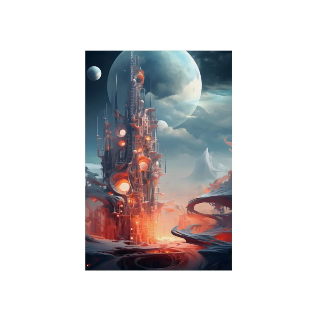 Crimson Tower Under a Pale Moon: Sci-Fi Fantasy Spire Landscape - Metal Poster