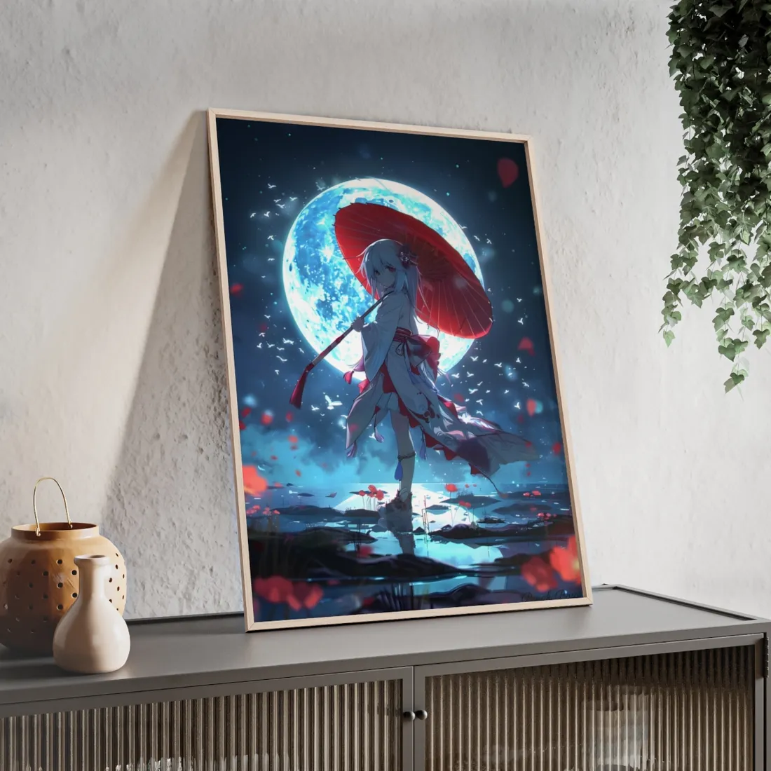 Cute Anime Girl with Umbrella: Rainy Day Art - Framed Poster